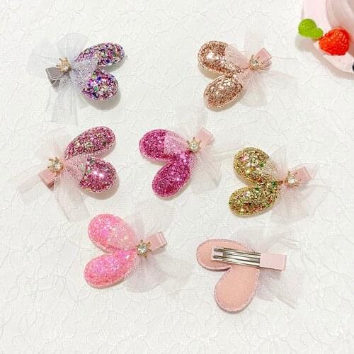 Miss Cute nwe glitter Red Heart Synthetic Leather Hair Clips Classic Sparkly Gold Silver Heart Barrette with Tulle Bow rhineston