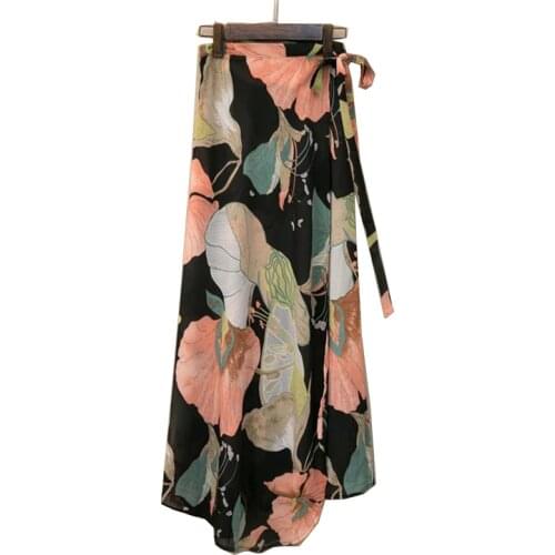 Fashion Chiffon Women Floral Print Skirt Side Tie One Piece Beach Skirts Summer High Waist Wrap Flower Long Skirt With Slit