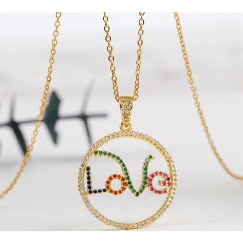 Fashion Womens Multicolor CZ Zircon Copper Metal Letter Round Pendants Necklaces Gold Stainless Steel Chain Necklace Girls Gift