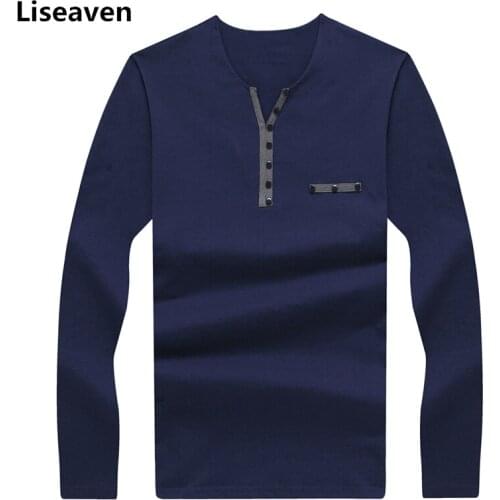 Liseaven Men T-Shirt Solid Color Long Sleeve tshirt V-Neck Cotton Tops & Tees Men T Shirts
