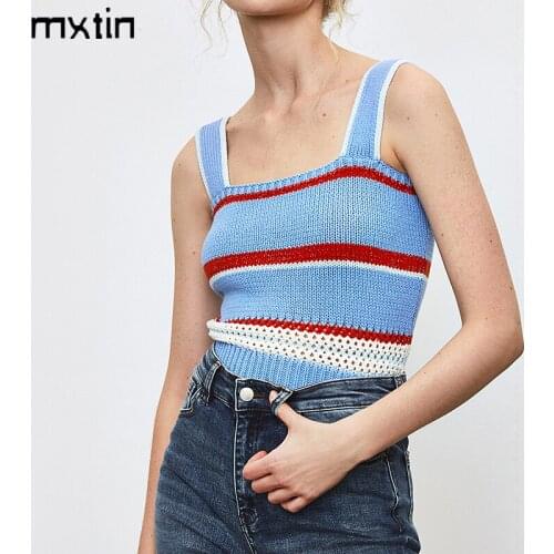 MXTIN 2021 Women Fashion Sweet Striped Cropped Knit Tank Tops Vintage Backless Thin Straps Female Camis Casual Chic Tops