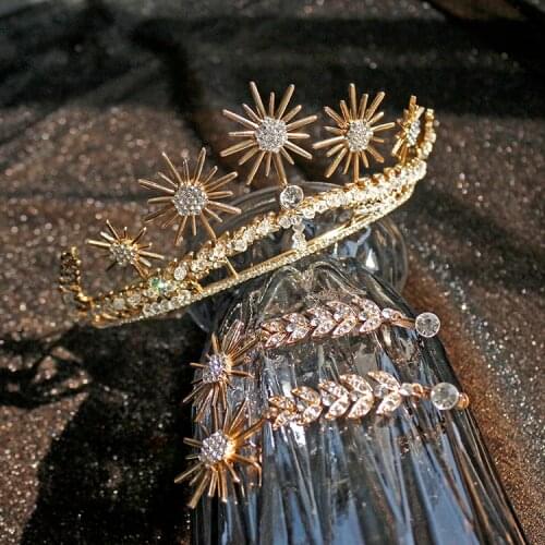 Gold Star Sun Leaf Bride Crowns Earrings Set Baroque Wedding Accessories Headband Rhinestone Party Pageant Bridal Diadem Jewelry