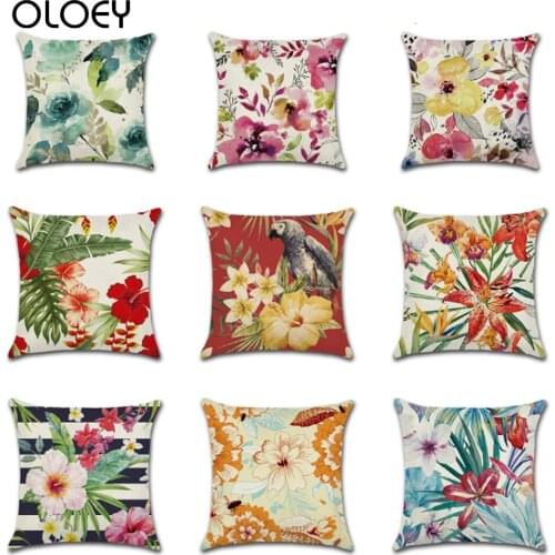 Tropical Flower Cotton Linen Cushion Cover Green Leaves Pillow Cover Decorative Pillows for Sofa Chair Bed Pillowcase 45*45cm