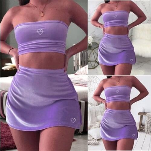 Autumn Velvet Matching Sets Club Party Two Piece Set Women Heart Embroidery Strapless Bandeau Crop Top Mini Flare Skirts Outfits