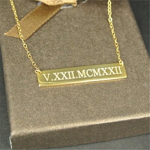 Personalized Roman Number Bar Engraved Date Necklace Custom Stamp Jewelry Memorial Gift