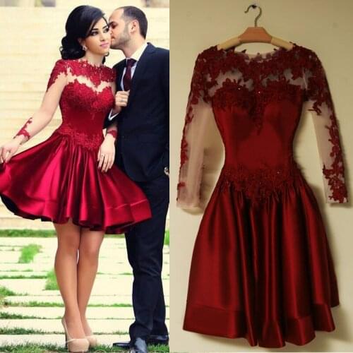 Long Sleeve Prom Dresses 2016 Scoop Neckline A-line Sexy Backless Short Puffy Lace Prom Dress Homecoming Dress