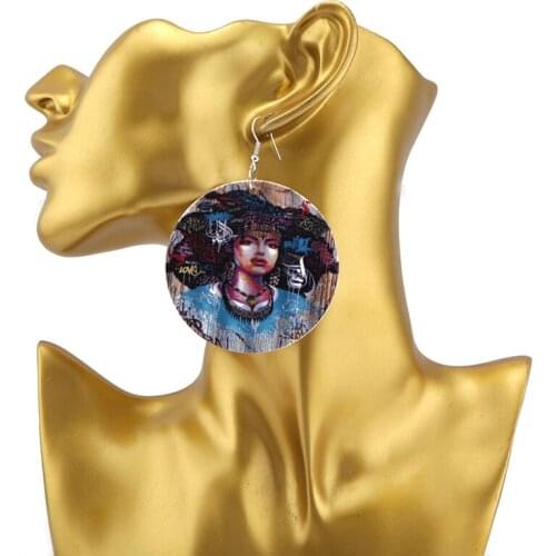 SANSHOOR 6cm Printing African Queen Wood Earrings Afrocentric Ethnic Artistic Natural Hair For Women Valentines Day Gift 1pair