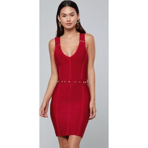 Chic Metal Ring Embellished Sexy Bandage Dress Spaghetti Strap Plunge V Neck Sleeveless Cold Shoulder Mini Sheath Club Dress