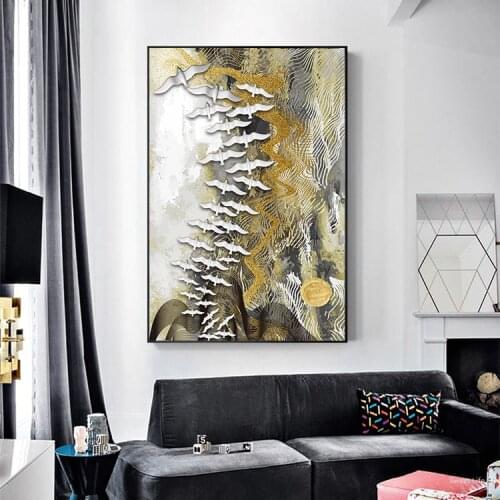 Nordic Abstract White Birds Feather Canvas Painting Gold Grey Print Luxury Wall Art Picture for Living Room Modern Home Decor