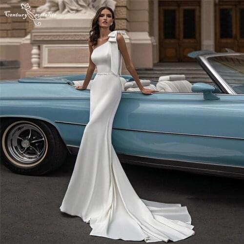 One Shoulder Wedding Dresses Mermaid 2021 Crystal Beaded Big Bow Simple Boho Bridal Gowns Beach Bride Dress Vestido De Noiva