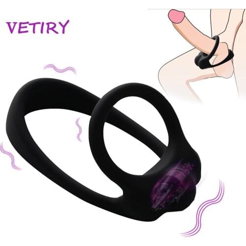 VETIRY Vibrator Penis Ring Delay Ejaculation Double Cock Ring Vibration Sex Toys for Men Erection Penis Enlargement Sex Products