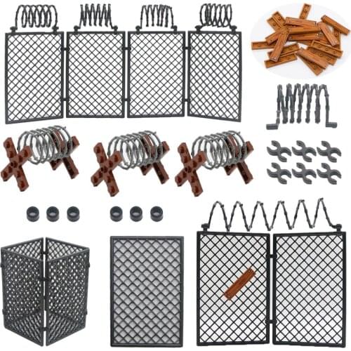 WW2 Military Gate Door Fence Accessories MOC Bricks Parts Army Scene Base Barrier Barbed Wire Building Block Isolation Net Toy