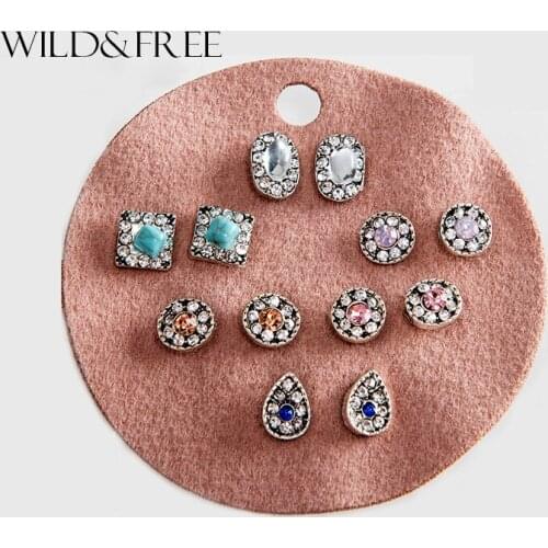 Wild&Free Vintage 6 Pairs Rhinestone Stud Earrings Set Jewelry Women Round Waterdrop Square Oval Ear Studs Brincos