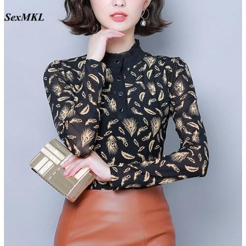 Women Printed Winer Basic Blouses 2020 Fashion Long Sleeve Sexy Black Office Korean Clothes Elegant Casual Ladies Tops Plus Size