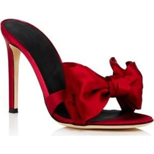 New Satin Bowtie High Heel Slipper Woman Thin Heel One Strap Butterfly Knot Slingbacks Sandals Summer Peep Toe Party Shoes