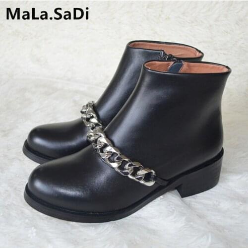 Newest Fashion Chain Martin Boots Woman Round Toe Silver Gold Metal Chain Black Real Leather Shoes Short Back Zipper Ankle Boots