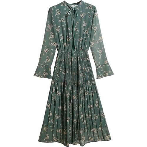 Spring Autumn New Style Floral Print Elegant Vestidos Pastel Retro Long Sleeve Dress Women Chiffon Vacation Boho Women Clothes