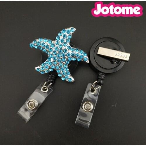 100PCS/Lot Blue Rhinestone Starfish Brooch Animal Silver Plated Nurse Retractable ID Badge Reel Holder