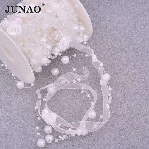 JUNAO 5 Meter White Pearl Chain Rhinestone Trim Rose Crystal Ribbon Tape Pearl Applique Banding For Wedding Dress Garland Crafts