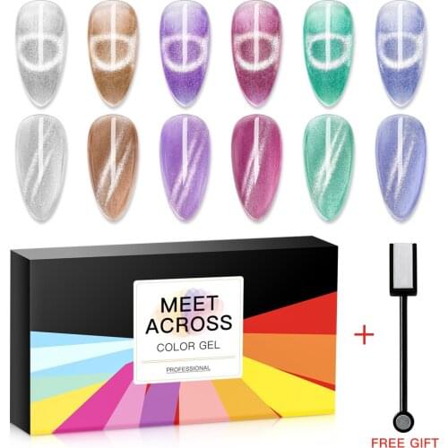 MEET ACROSS 6pcs Magnetic Gel Polish Set Pink Nude Crystal Glitter Cat Eye Nail Gel Semi-transparent Soak Off UV Gel Nail Polish