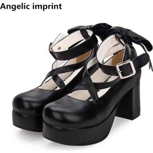 Angelic imprint new woman mori girl lolita cosplay shoes lady high heels pumps women princess dress party shoes 33-47 8cm bowtie