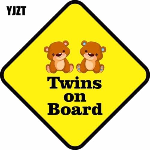 YJZT 12.7CM*12.7CM Car Sticker Lovely Twins Bears TWINS ON BOARD Warning Mark Reflective Car Window Decal C1- 7368