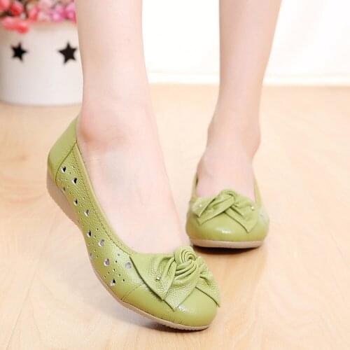 Tilocow Summer Women Genuine Leather Ballet Flats Ladies Solid Casual Mother Leather Flat Shoes Woman Flat With Butterfly-Knot