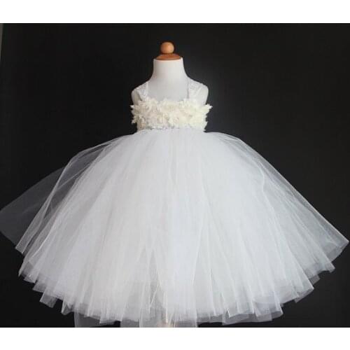 Girls White Shabby Flower Tutu Dress Kids Fluffy Tulle Dress Ball Gown with Lace Straps Children Wedding Party Costume Dresses