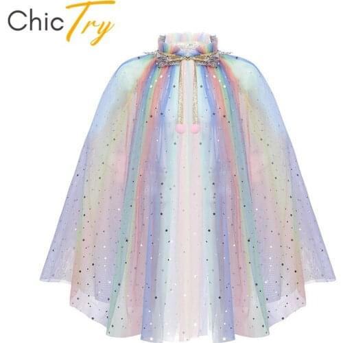 ChicTry Kids Sparkling Sequin Tulle Princess Cloak Capes Children Girls Halloween Carnival Birthday Party Roleplay Fairy Costume