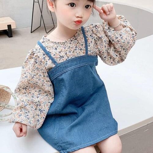 ChildrenS Clothing Autumn 2021 New Kids Casual Outfits FakeTwo-Piece Baby Girls Dress Fashion Floral Stitching Denim Dress