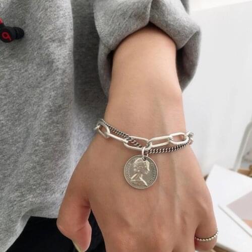 EN New Punk Bracelets Carved Coin Head Bracelet Bangle Fashion Bohemian Circle Thick Chain Tassel Pendant Bracelet Women Jewelry