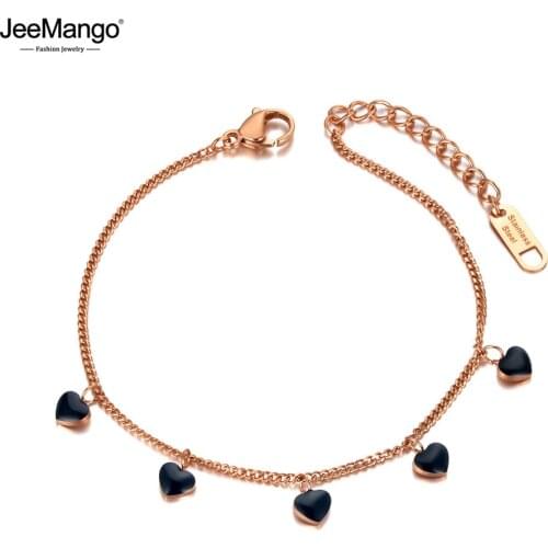 JeeMango New Stainless Steel 5Pcs Dripping Glaze Black Heart Charm Bracelets For Women Girl Bohemia Chain Link Bracelet JB20068