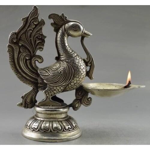 Collectible Decorated Old Handwork Tibetan Silver Carved Phoenix Big Candle Stick