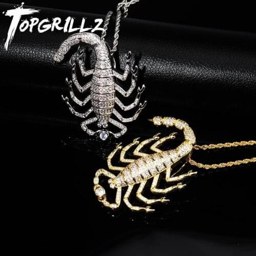 TOPGRILLZ Animal Scorpion Hip Hop Pendant With Tennis Chain Gold Silver Color Bling Cubic Zircon Mens Necklace Jewelry For Gift