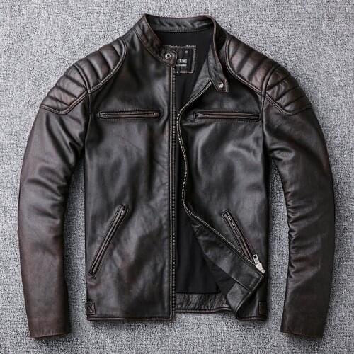 Vintage Motocross Genuine Leather Jacket Mens Fall Fashion Slim Real Cowhide Leather Dark Brown Short Mens Motorcycle Jackets