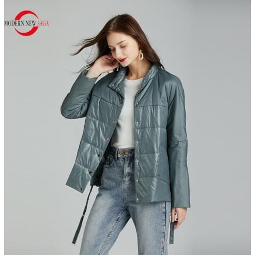 MODERN NEW SAGA 2020 Spring Women Jacket Thin Cotton Padded Jacket Autumn Women Coat Standed Collar Puffer Jacket Women Green