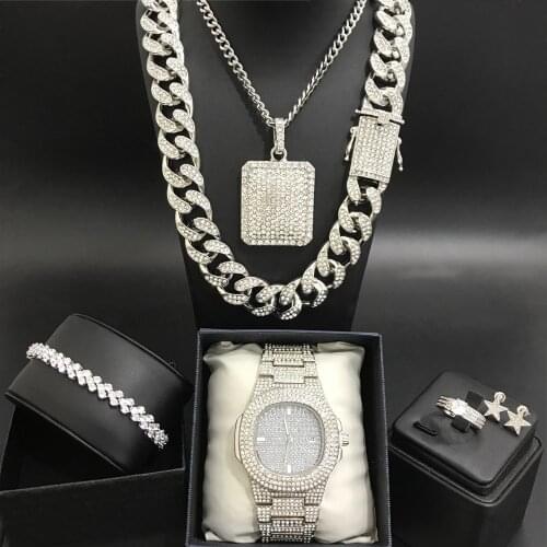 Hip Hop Men Cuban Necklace Luxury Men Watch & Neckalce & Braclete & Ring & Earrings Combo Ice Out Cuban Jewerly Hip Hop For Men