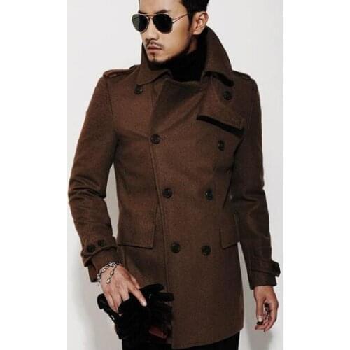 Brown 2020 new autumn winter double breasted wool coat men fit slim mens pea coat woolen jacket handsome coats cashmere S - 3XL