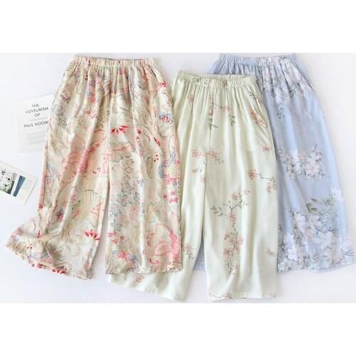 Summer Style Artificial Cotton Seven-point Printing Pajamas Womens Enlarged Wide-leg Pants Anti-mosquito Home Viscose Trousers