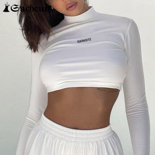 SUCHCUTE Basic Cropped Tops Letter Print Women Solid Casual T-shirts Turtleneck Long Sleeve Knitwear Skinny Sexy Tee Shirts Lady