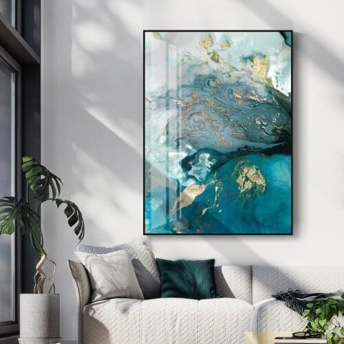 Blue Creative abstract watercolor canvas, modern decorative image of golden blue watercolor for hotel and office wall decoration