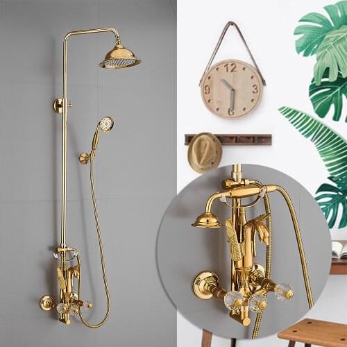 Bath and Shower Mixer Rainfall Shower Faucet Set Crystal Wall Mounted With Hand Shower Gold Brass Swan Bathroom Rain Shower Taps