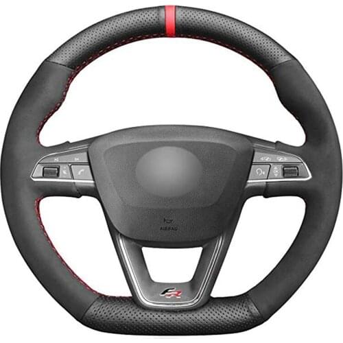 Hand-stitched Black Genuine Leather Suede Steering Wheel Cover for Seat Leon (FR|CUPRA) Ibiza (FR|CUPRA) Alhambra (FR Line) Aro