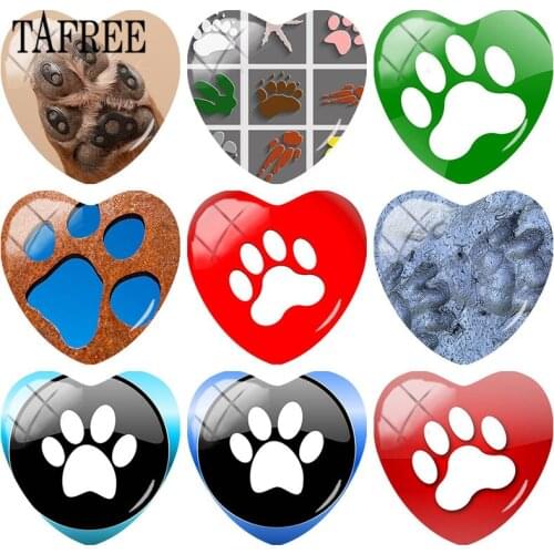 TAFREE DIY Heart Shape Glass Cabohcon Animal Cat Dog Bear Paw Print Footprint Patterns Dome Base Cover Pendant Cameo Settings