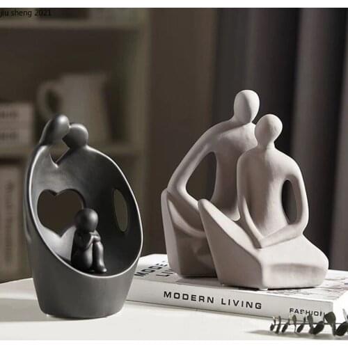 European-style Ceramic Figure Figurines Black and White Couple Ornaments Frosted Figure Sculpture Crafts A Family of Three Decor