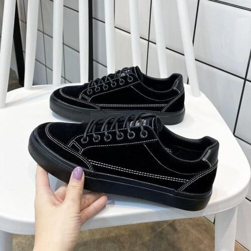 Cow Suede Autumn Solid Color Black Lace-up Thick-soled Canvas Shoes Womens All-match Casual Sneakers 2021 New