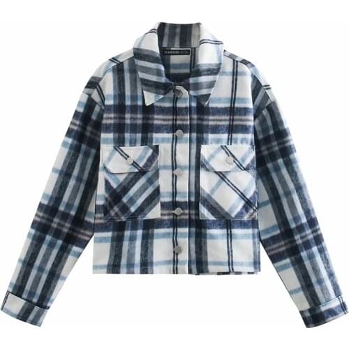Women British Style Oversized Plaid Shirt Top Lapel Long Sleeve Autumn Fashion Street Short Shirt Jacket