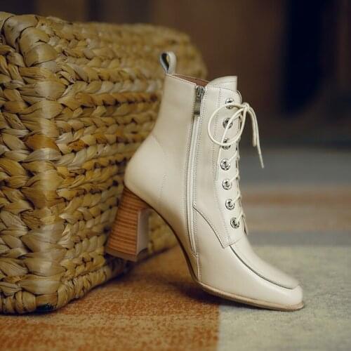 MORDOAN Genuine Cow Leather Lady boots womens pointed toe mid-heel Nice autumn and winter new retro short boots women