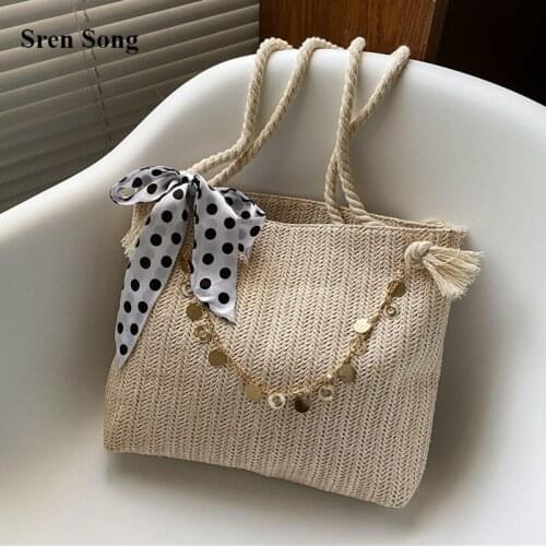 Female Handbags 2021 New Straw Woven Silk Scarf Shoulder Bags Portable Lady Large Capacity Bags Holiday Beach Bags Shopping Bags