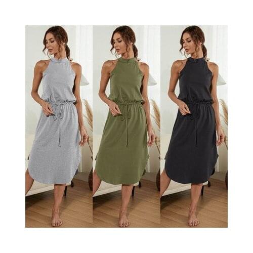 Women Light Gray Dress Elegant Halter Sleeveless High Waist Lace Up Dresses Casual Backless Split Irregular Party Dress Vestido